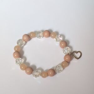 Cream and‎ Silver Beaded Bracelet with Heart Charm